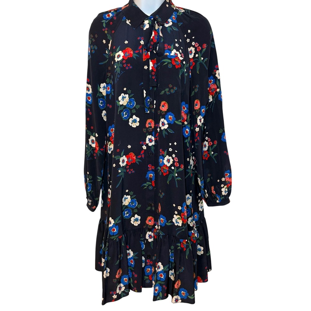 Tory Burch Gabrielle Floral Silk Dress Womens Sz 4 Pansy  Print Navy Drop Waist